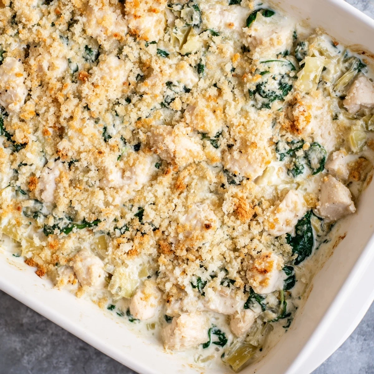 Creamy baked chicken casserole featuring spinach artichokes and melted mozzarella parmesan cheese