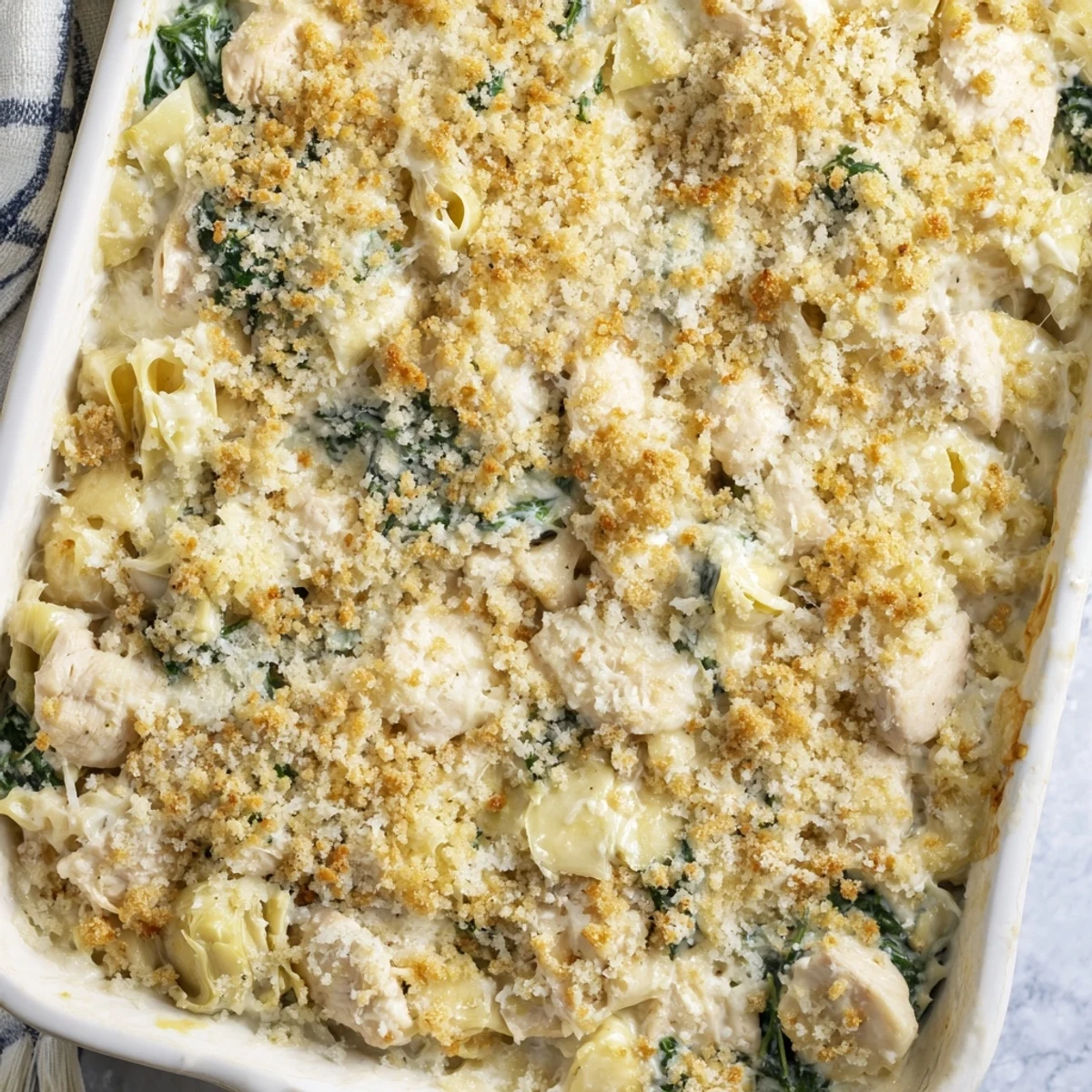 Bubbling spinach artichoke chicken casserole sprinkled with crispy golden parmesan panko crumbs