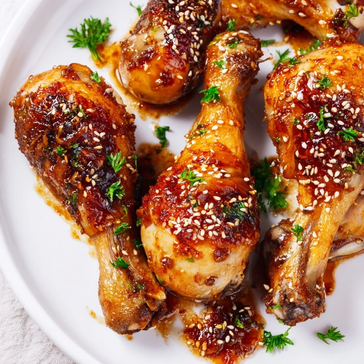 Tender oven-baked chicken drumsticks brushed with caramelized honey garlic sauce and garnished with sesame seeds
