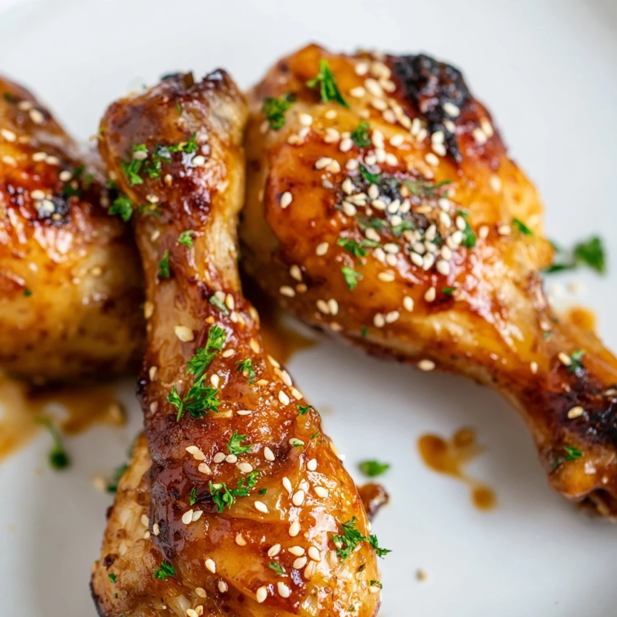 Golden brown honey garlic baked chicken drumsticks coated in a sticky sweet and savory glaze