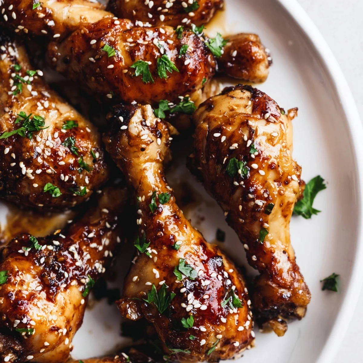 Delicious honey garlic baked chicken drumsticks arranged on a baking sheet with shiny glazed skin