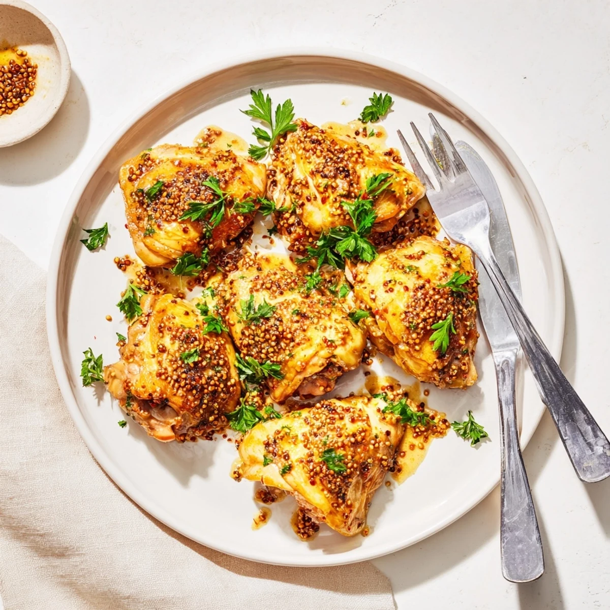 Golden baked honey mustard chicken thighs glazed with tangy sauce and fresh parsley garnish
