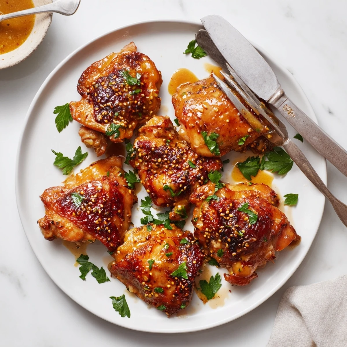 Juicy chicken thighs caramelized in sweet honey mustard sauce, served piping hot from the oven