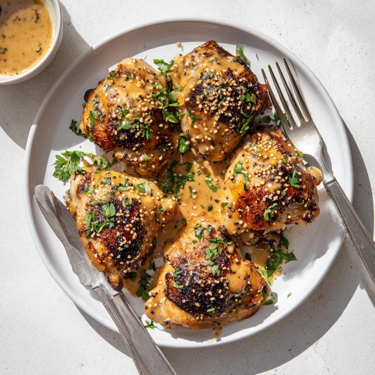 Tender honey mustard chicken with crispy golden skin resting in savory baking juices