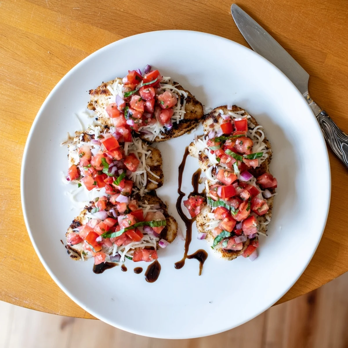 Golden pan-seared chicken breast crowned with colorful diced tomato basil bruschetta topping