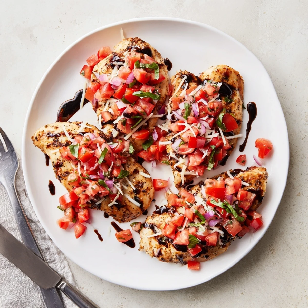Bruschetta Chicken plated with fresh tomato mixture and dark balsamic glaze drizzle