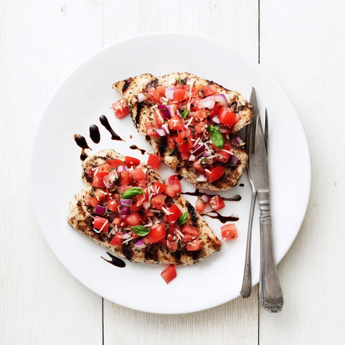 Juicy baked chicken topped with vibrant Italian bruschetta tomatoes and melted cheese garnish