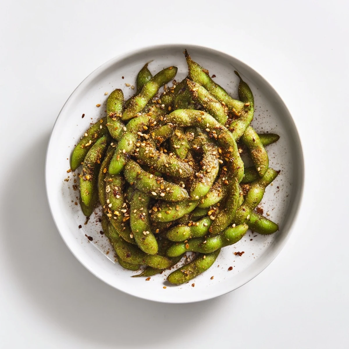 Lightly salted air fryer edamame arranged artistically with chili flakes on wooden surface