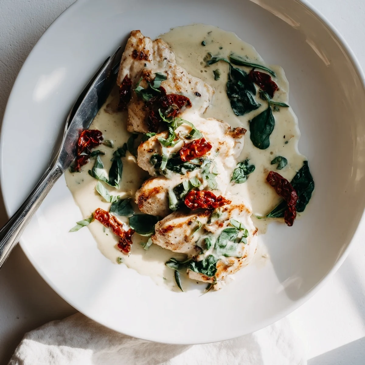 Golden pan-seared chicken breasts coated in rich creamy garlic sauce with sun-dried tomatoes