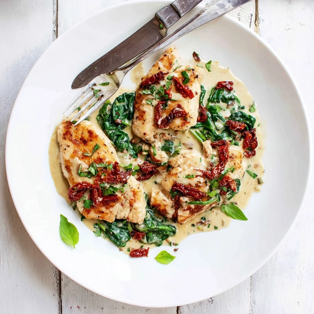 Savory low carb Tuscan chicken simmered with fresh spinach and parmesan in white sauce