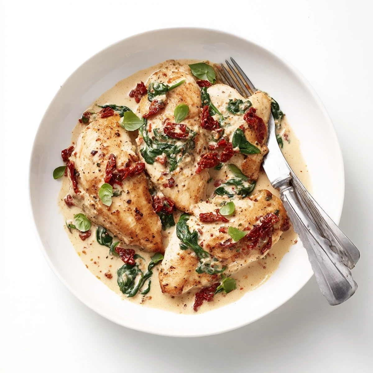 Plates of tender creamy Tuscan chicken topped with wilted spinach and chopped sun-dried tomatoes