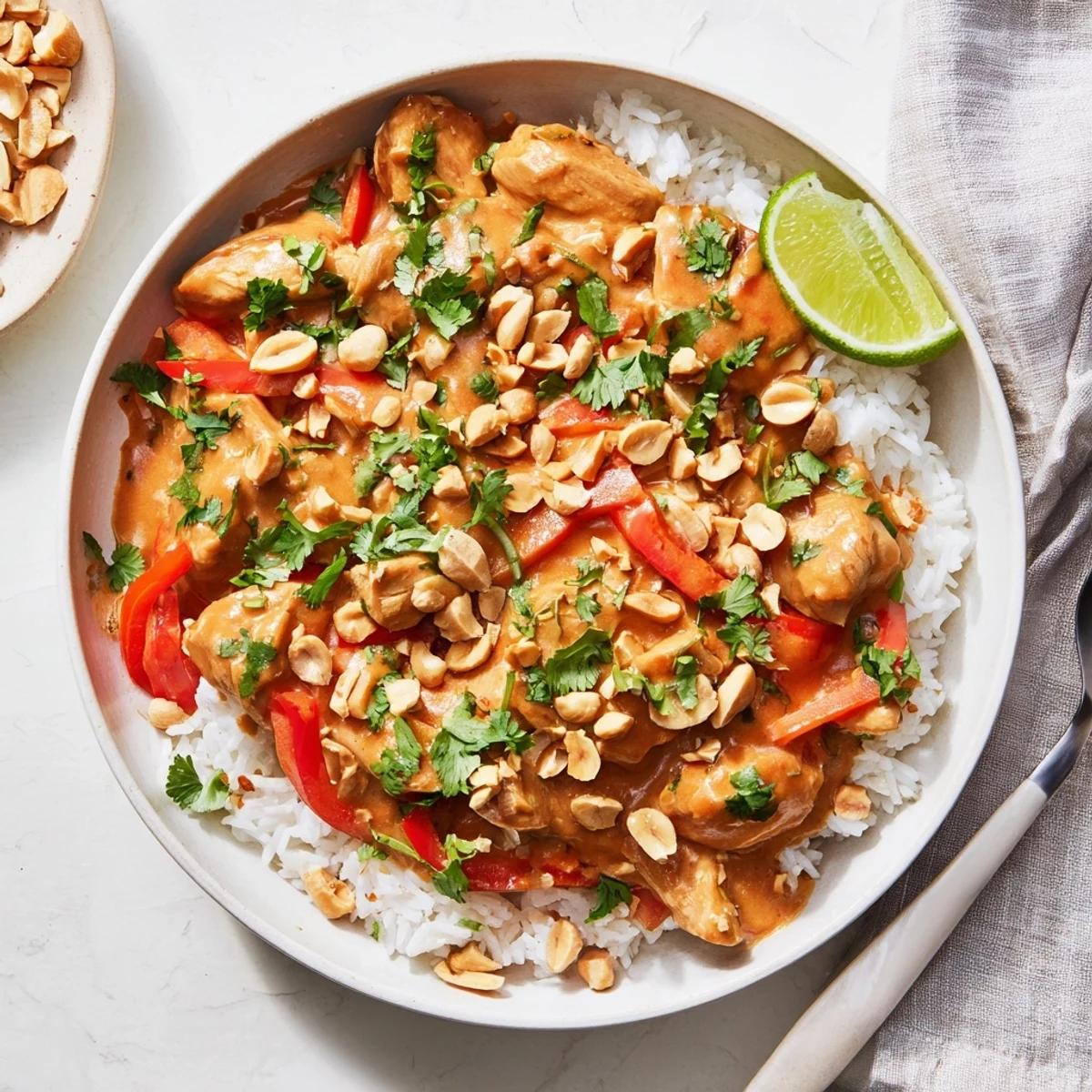 Golden chicken thighs swim in creamy slow cooker peanut sauce over fluffy white rice