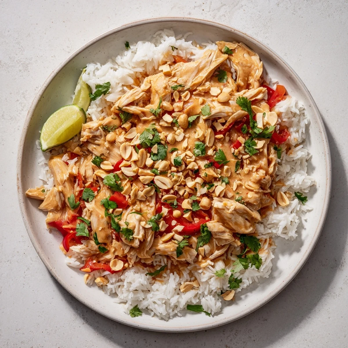 Tender slow cooker peanut chicken garnished with crushed peanuts and fresh cilantro sprigs