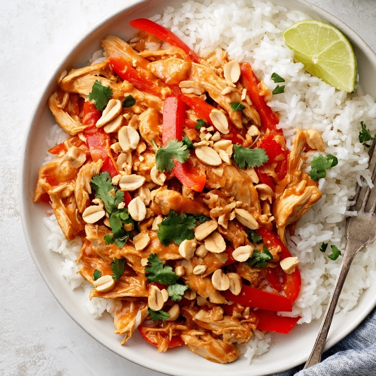 Rich peanut glazed chicken thighs served with steamed rice and lime wedges