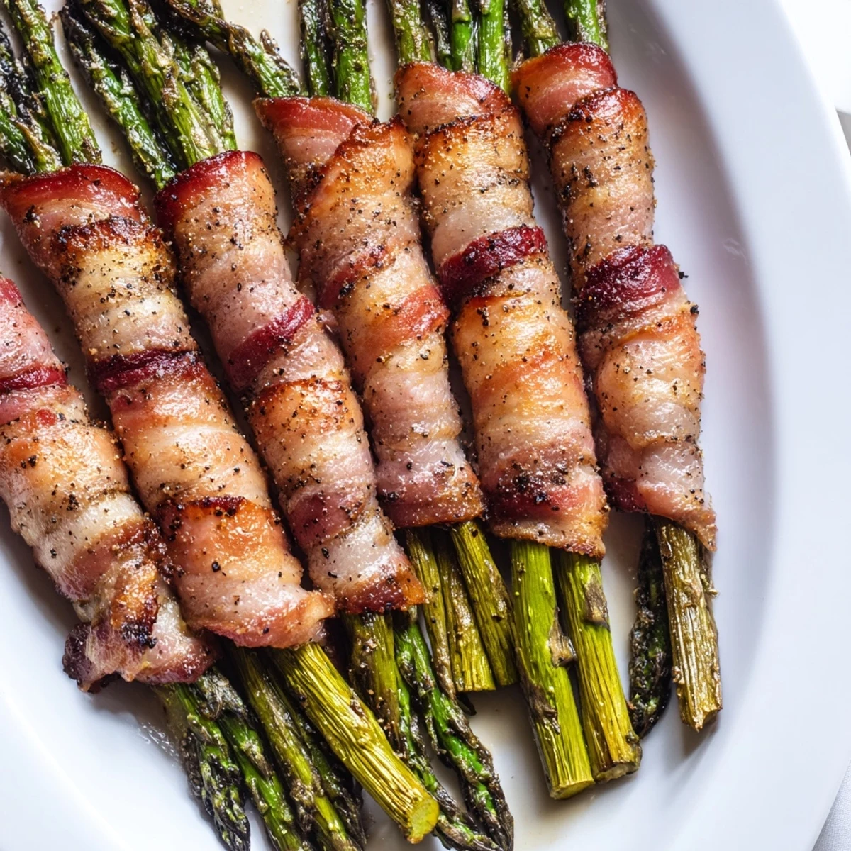 Golden brown bacon wrapped asparagus spears roasted to crispy perfection on a white baking sheet