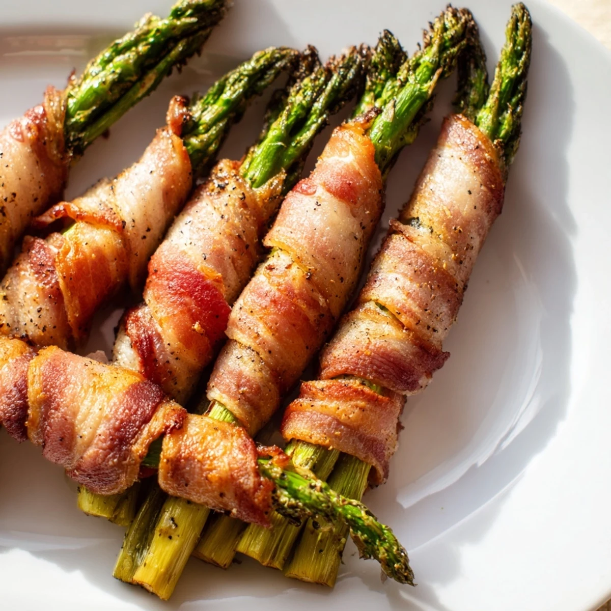 Tender green asparagus bundles wrapped in smoky bacon with golden drippings on parchment paper
