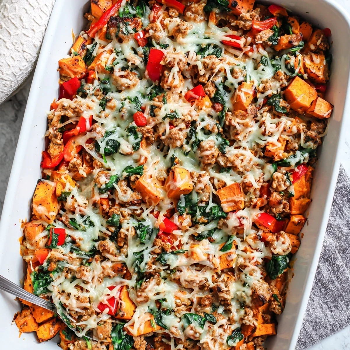Golden cheesy ground turkey sweet potato bake casserole with melted mozzarella and tender vegetables bubbling in a baking dish