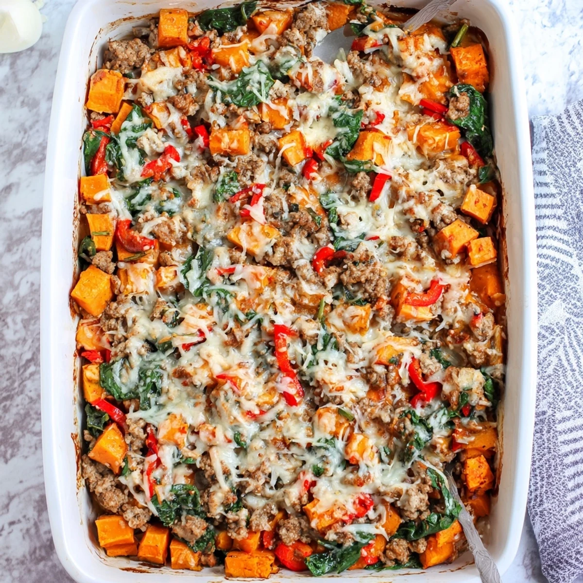 Hearty ground turkey sweet potato bake layered with savory spinach peppers and topped with golden brown melted Parmesan cheese