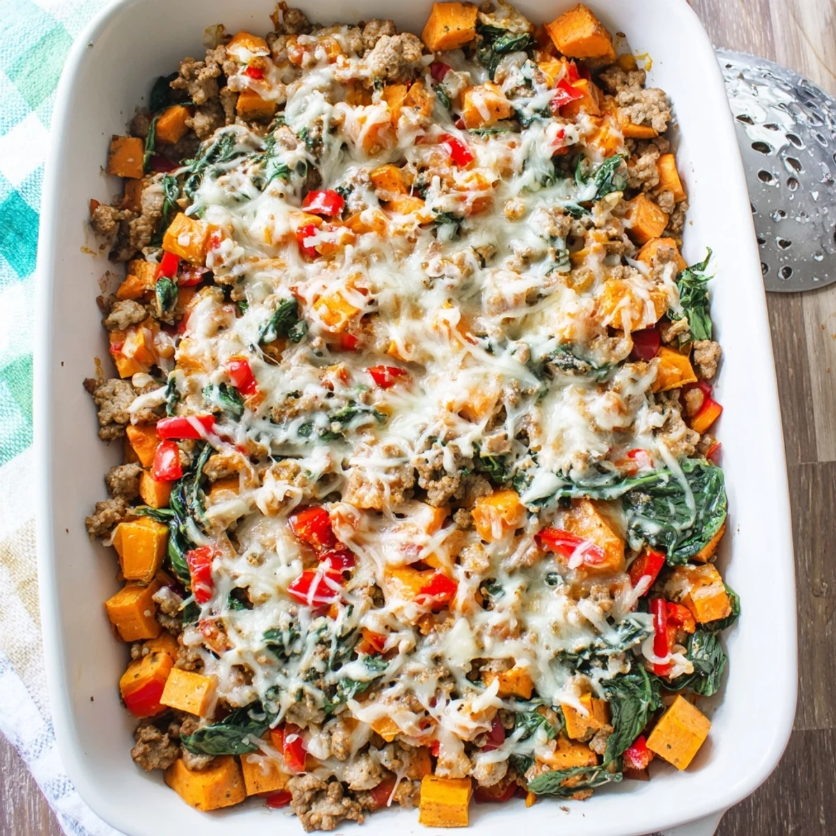 Savory gluten-free ground turkey sweet potato bake casserole featuring diced sweet potatoes red peppers and a bubbling cheese topping