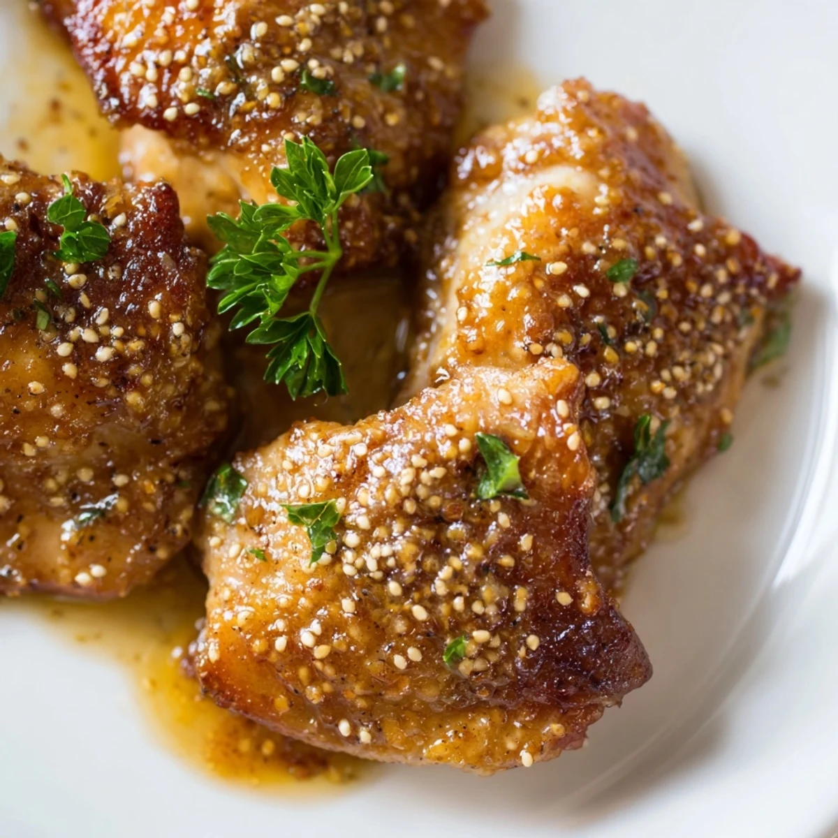 Golden oven baked honey mustard chicken breasts coated in glossy caramelized sauce