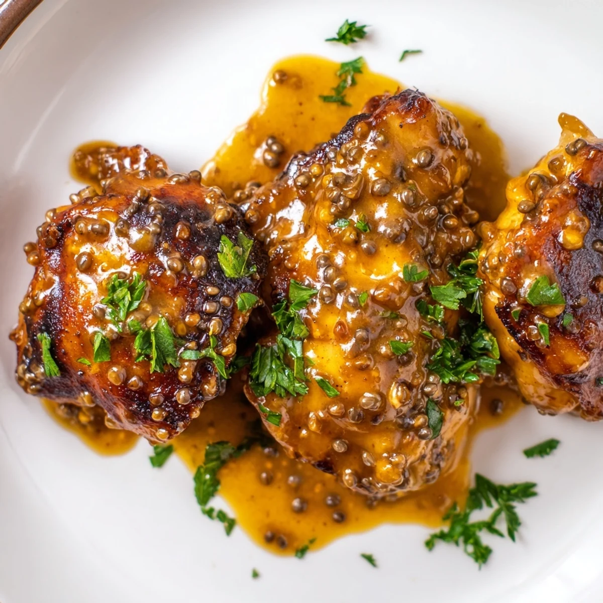 Tender baked chicken glazed with sweet tangy honey mustard sauce until bubbly