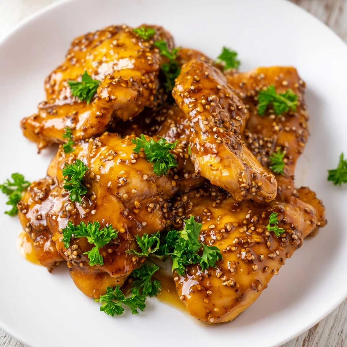 Juicy chicken breasts roasted in honey mustard sauce with fresh parsley garnish