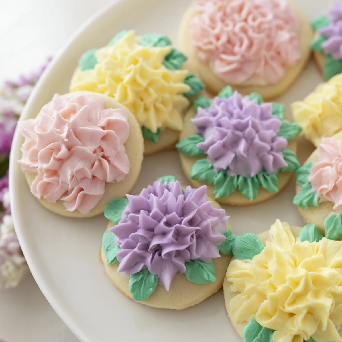 Decorated buttercream flower cookies arranged on serving plate showcasing vibrant petal designs and smooth frosting textures