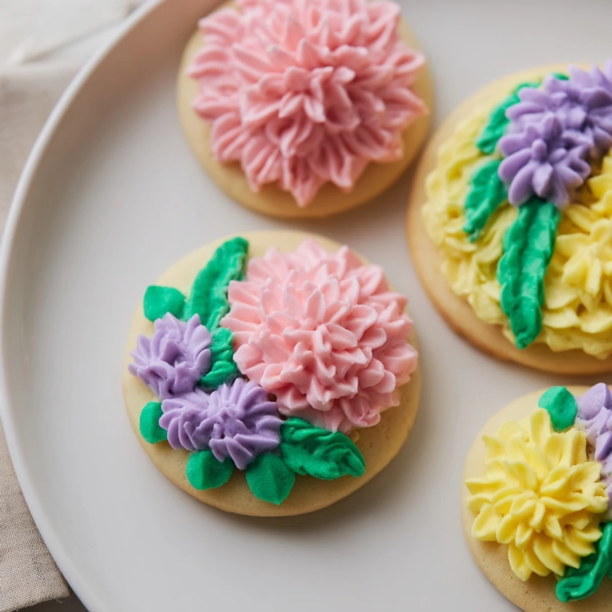 Handmade buttercream flower cookies with intricately piped rosettes in pastel shades atop golden baked sugar cookies