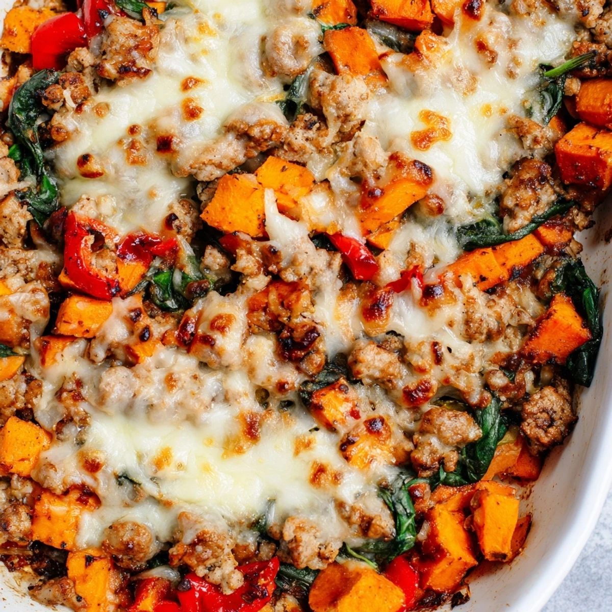 Golden brown cheesy ground turkey sweet potato bake casserole with colorful vegetables fresh from the oven