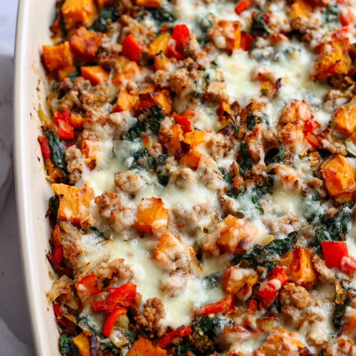 Hearty gluten-free ground turkey sweet potato bake casserole topped with melted mozzarella and Parmesan cheese