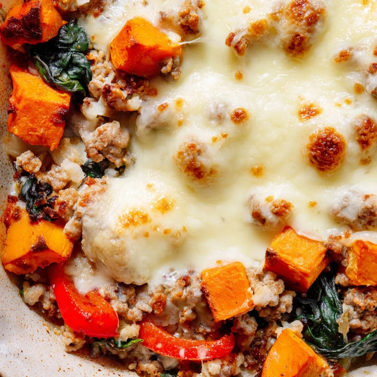 Savory one-pan ground turkey sweet potato bake casserole featuring tender diced sweet potatoes and lean protein