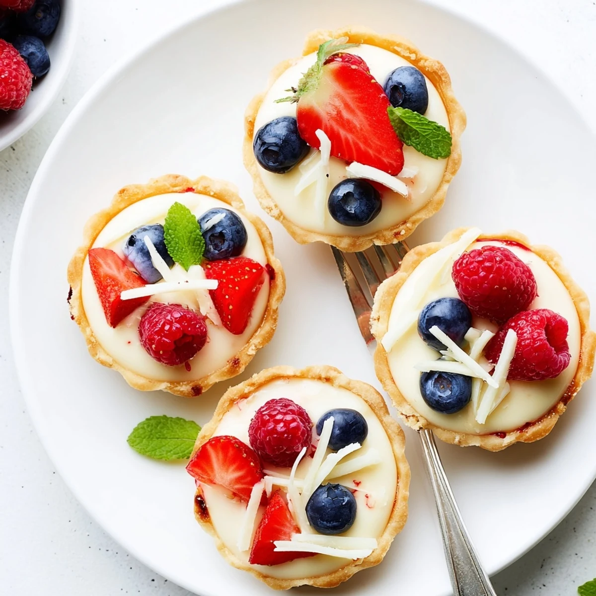 Golden white chocolate mousse tartlets topped with vibrant fresh raspberries and blueberries on elegant dessert plates