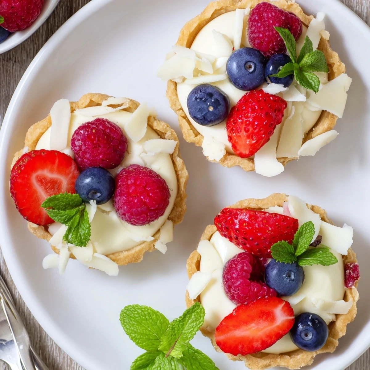 Silky white chocolate mousse fills delicate buttery tartlet shells garnished with mint leaves and mixed berries