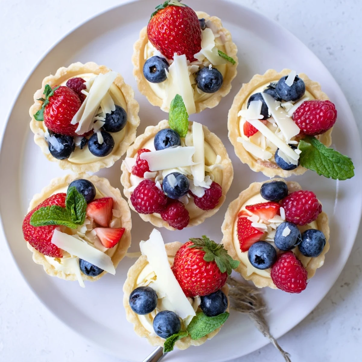 Close up of French white chocolate mousse tartlets decorated with strawberries and white chocolate shavings for dessert