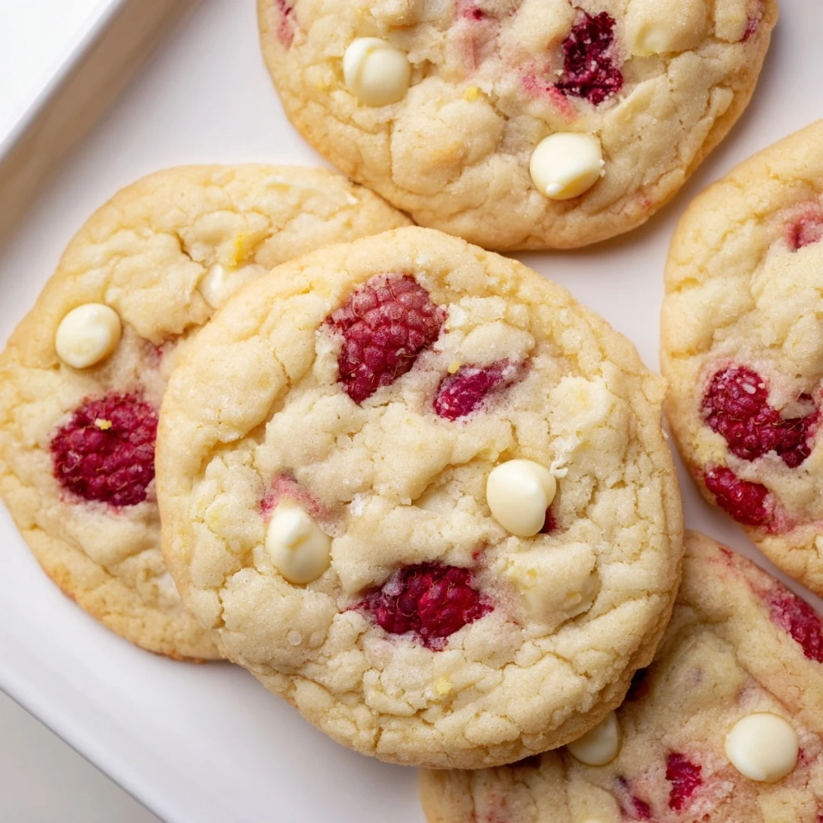 Golden lemon raspberry cookies with red berry pockets and white chocolate chips on a white plate
