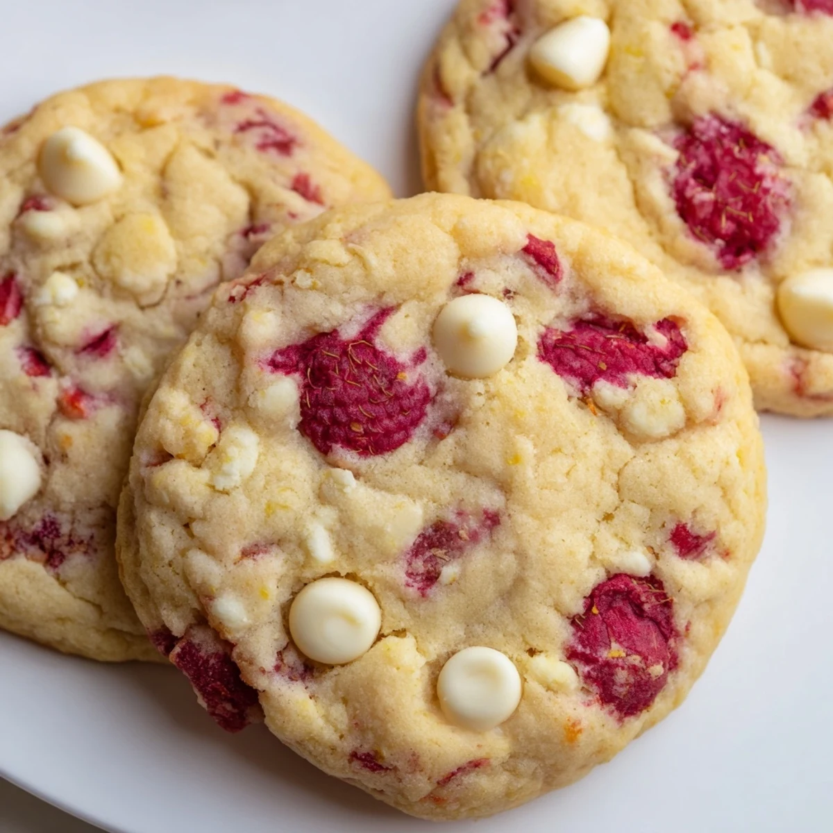 Soft baked lemon raspberry cookies scattered with fresh raspberries on a rustic wooden board