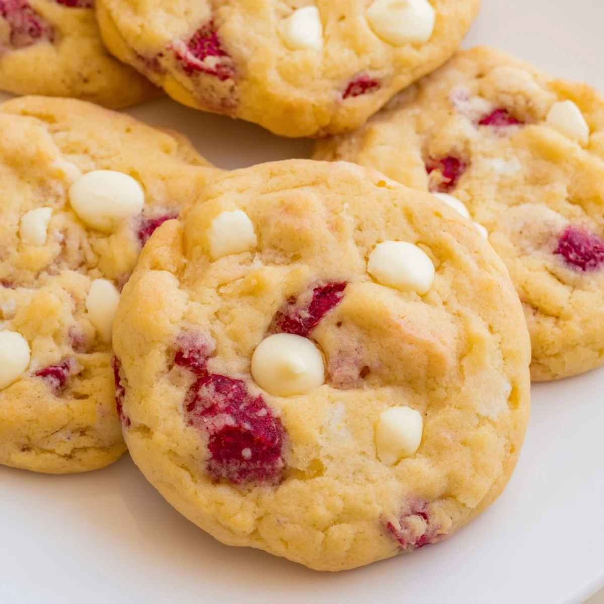 Close-up of chewy lemon raspberry cookies showing bright lemon zest and juicy raspberry swirls
