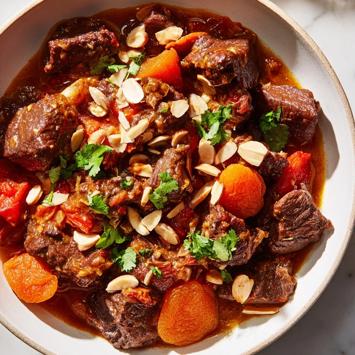 Rich Moroccan beef stew with apricots featuring tender chunks in spiced sauce garnished with fresh cilantro