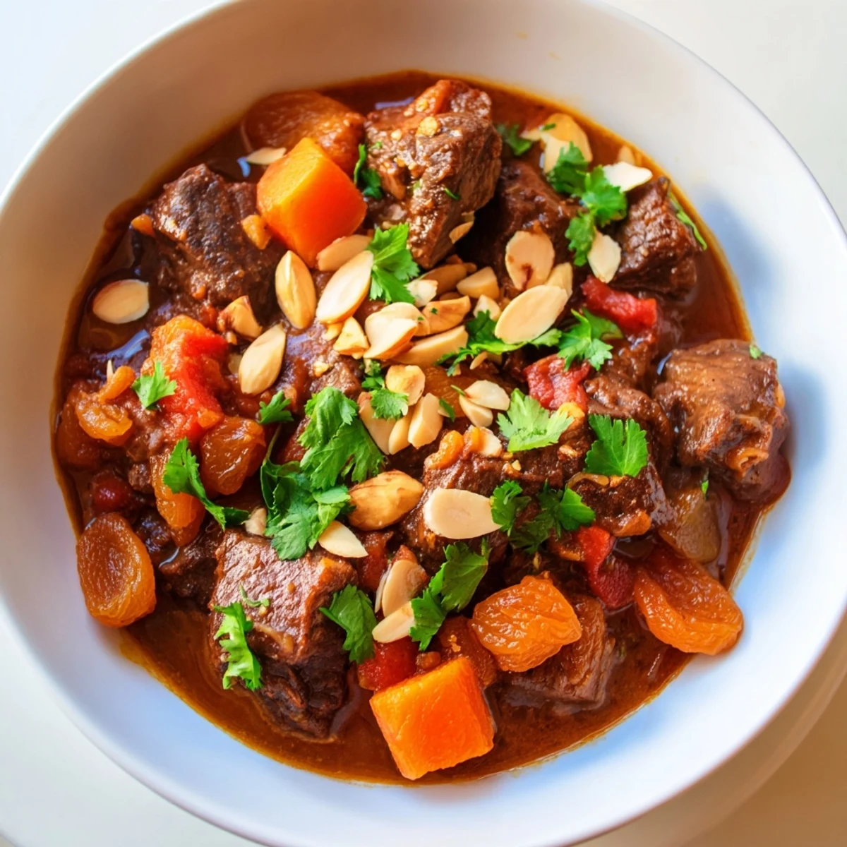 Hearty Moroccan beef stew with apricots served in rustic bowls alongside fluffy couscous for dinner