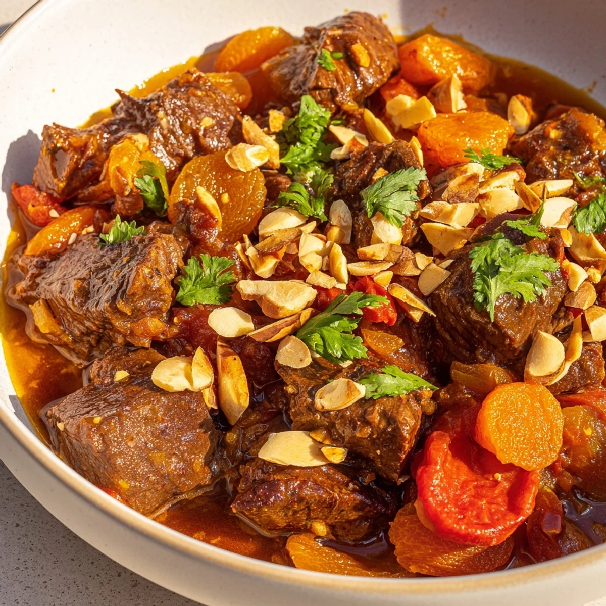 Slow-cooked Moroccan beef stew with apricots showcasing golden dried fruit and tender meat in thick red sauce