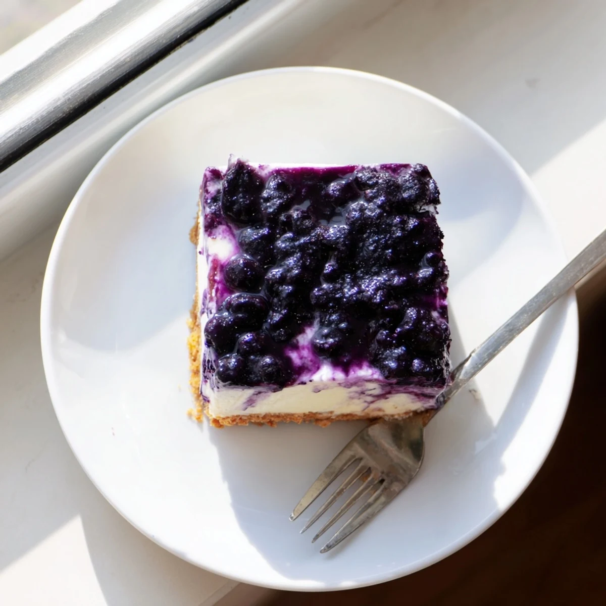 Creamy blueberry cheesecake slice with graham cracker crust and glossy purple compote topping