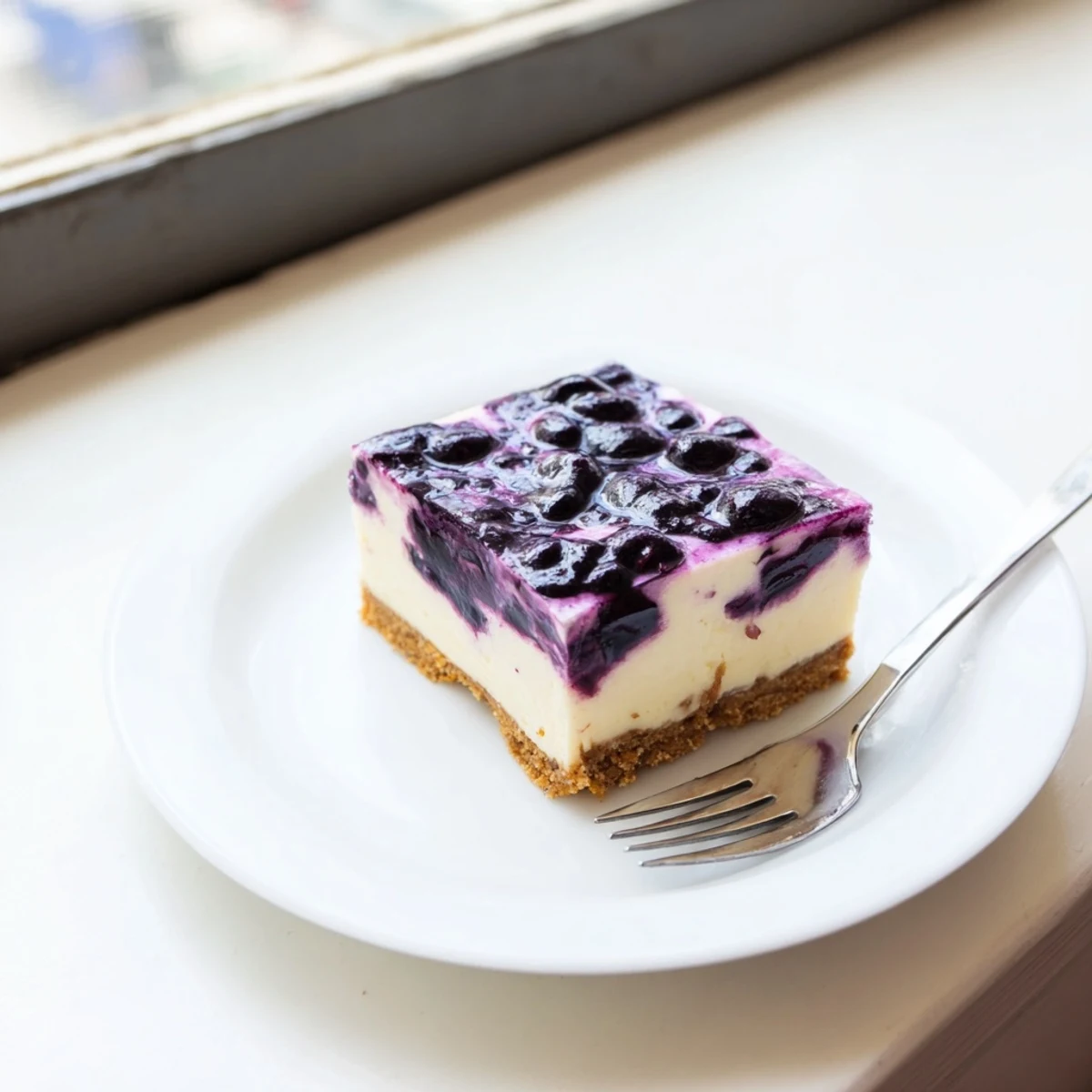 Velvety blueberry cheesecake dessert with thick blueberry layer and golden graham cracker base