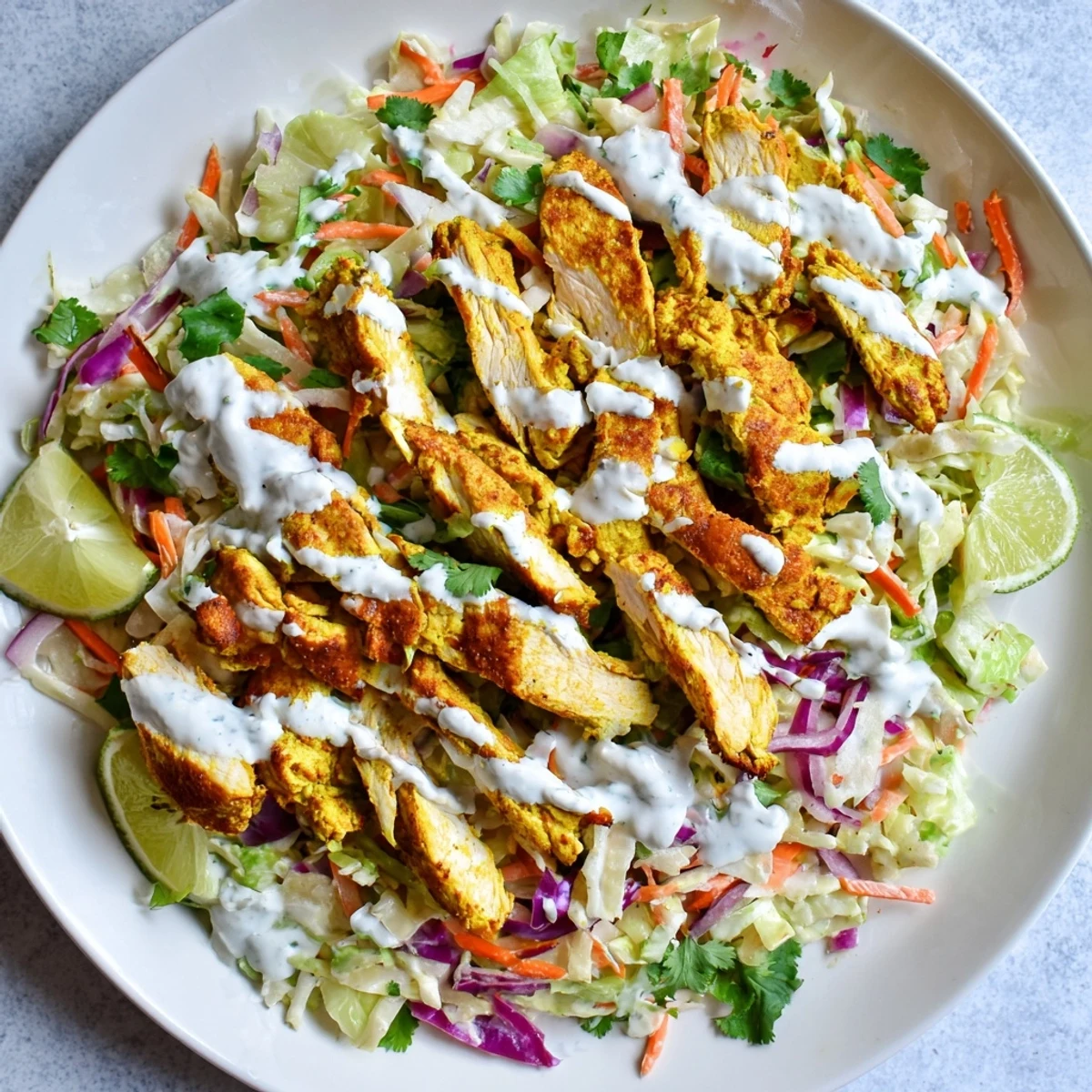 Colorful bowl of curried lime chicken served with crunchy coleslaw and refreshing mint yogurt garnish
