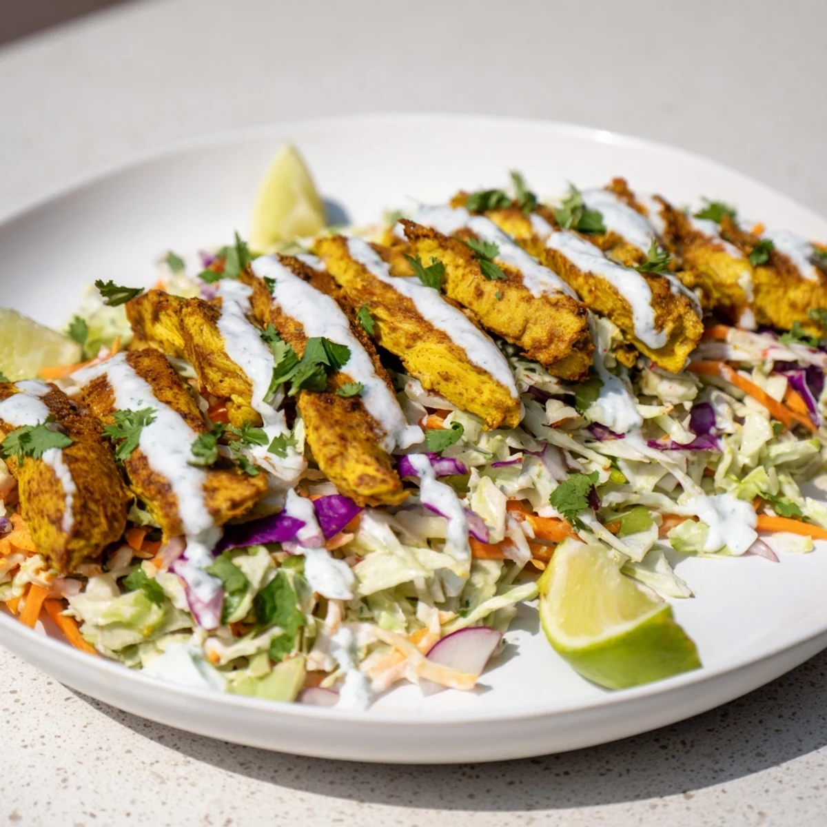 Tender spice-marinated chicken rests atop zesty lime coleslaw topped with cool mint yogurt sauce and fresh herbs