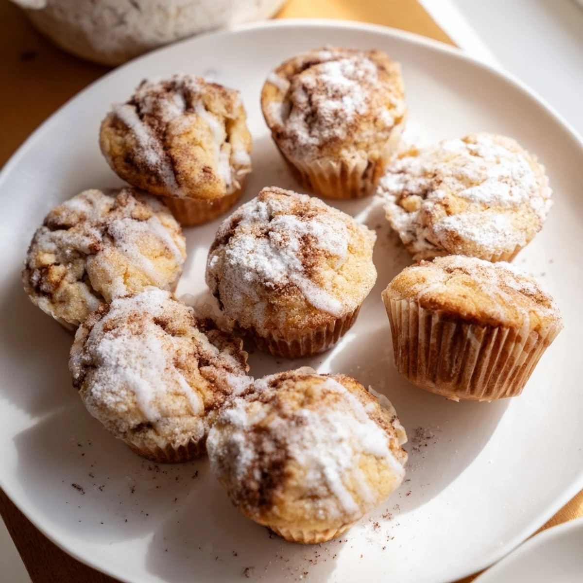 Fluffy high protein breakfast muffins with spiraled cinnamon sugar and vanilla glaze close up