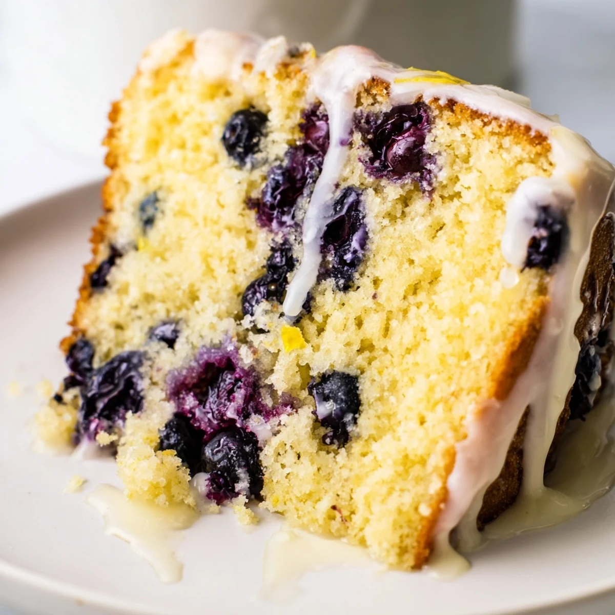Golden slice of lemon blueberry cake topped with tangy glaze on a white plate