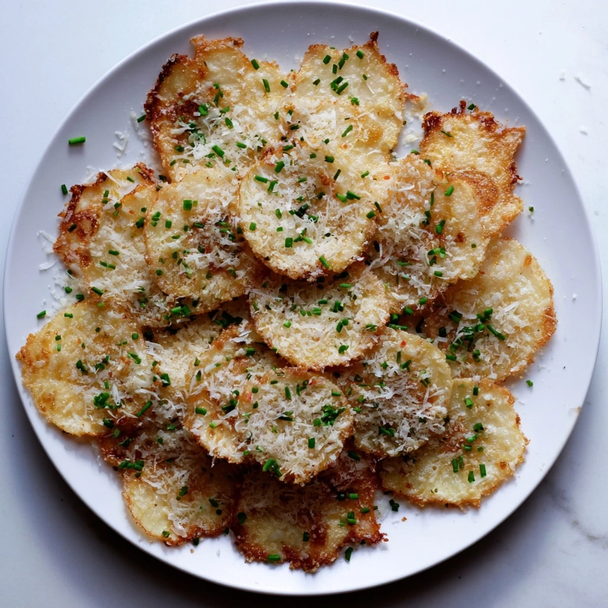 Golden brown cottage cheese chips arranged on a white serving plate, sprinkled with fresh chives