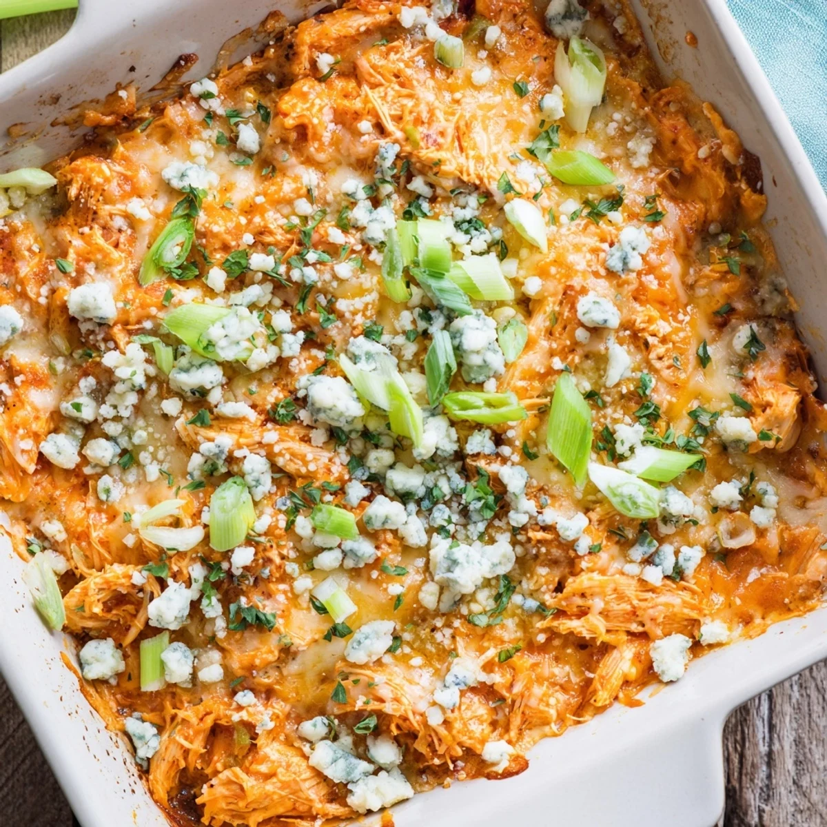 Hearty buffalo chicken cheese bake casserole dish topped with golden cheese and green onion garnish
