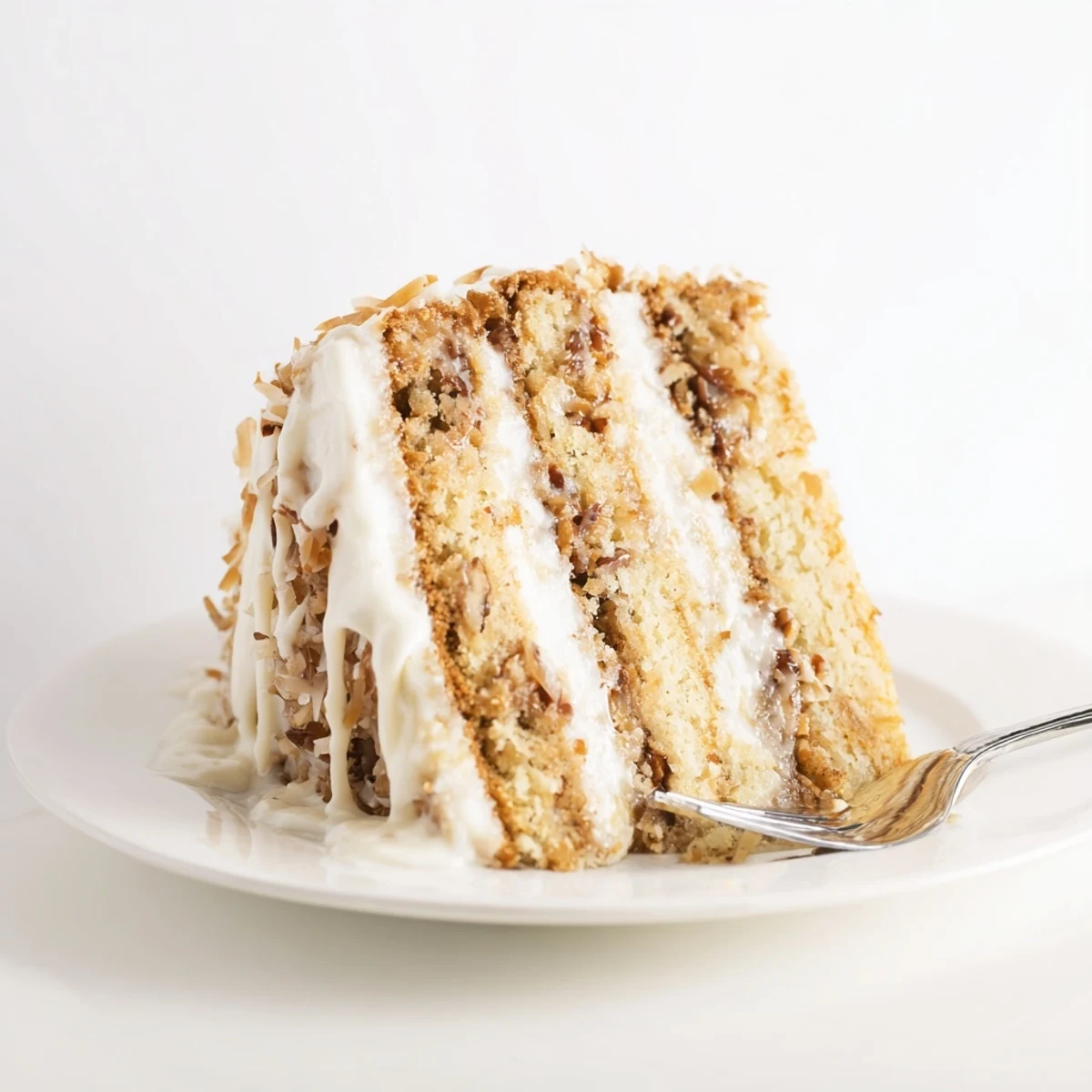 Moist white chocolate cake slices revealing creamy coconut pecan filling between each tender layer