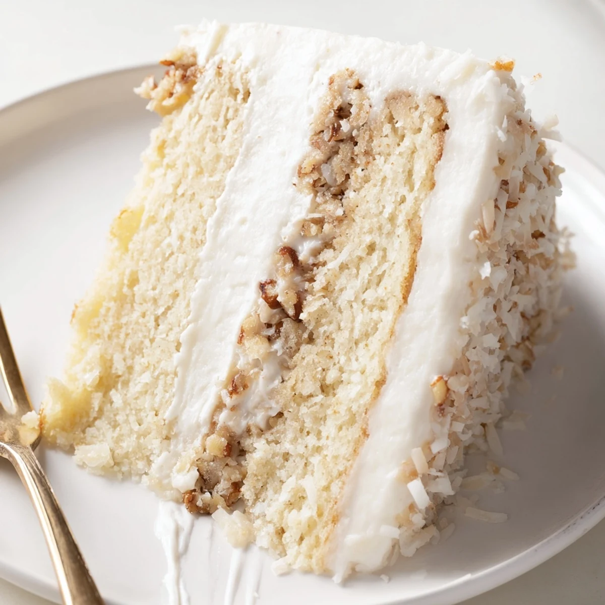 Three-layer white German chocolate cake with thick coconut pecan frosting dripping down sides